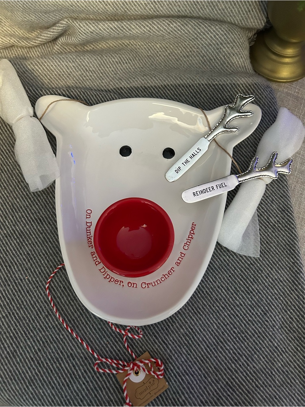 Mud Pie White Reindeer Snack Bowl with Red Dip Cup